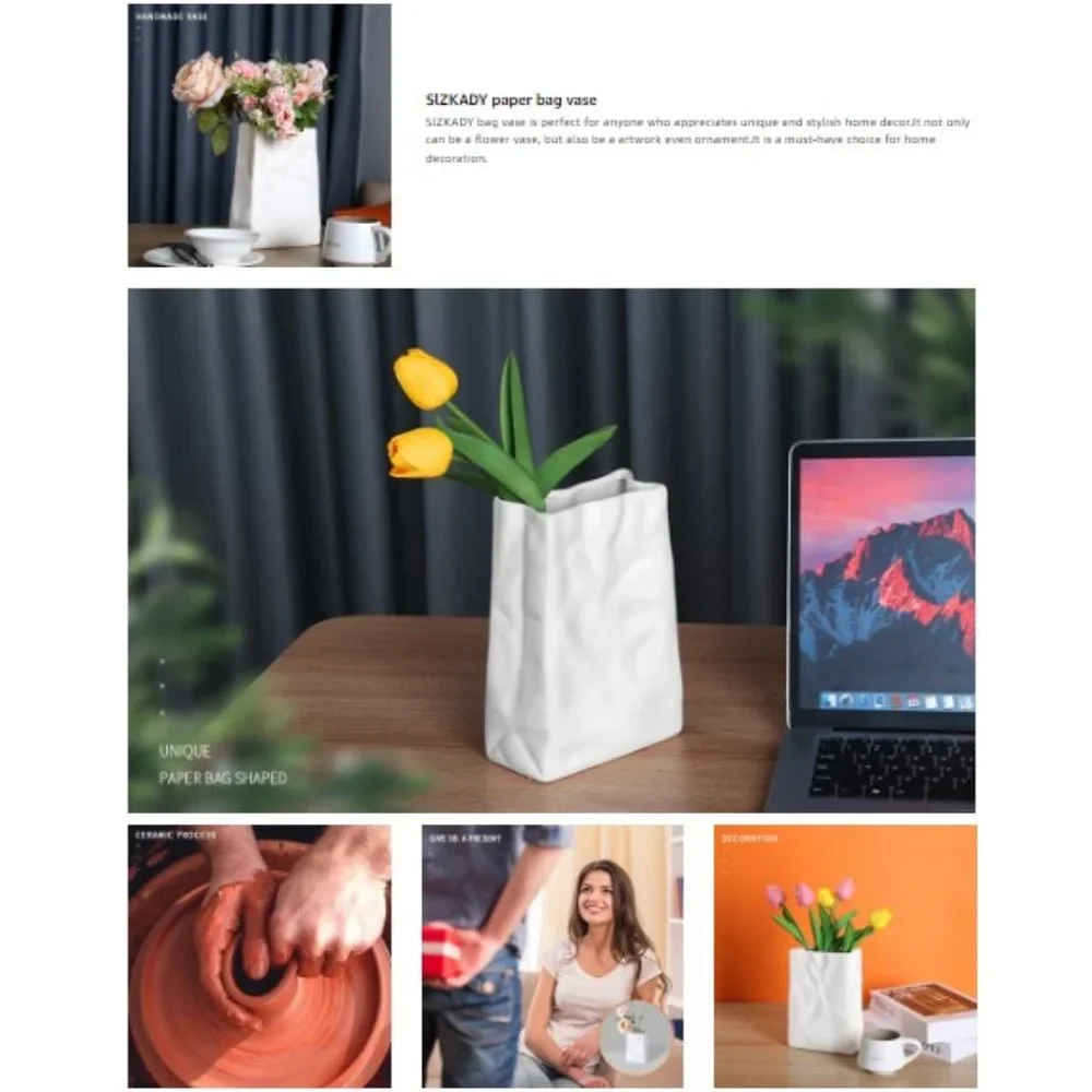Crinkle Paper-Bag Shaped Ceramic Vase  (Matte White)